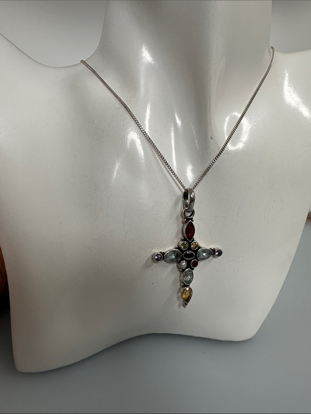 925 Sterling Silve Garnet amethyst Citrine Topaz Pearl Gems Cross Necklace